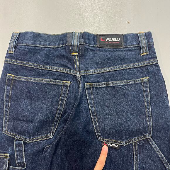 VTG Y2K Fubu Dark Blue Wash Baggy Wide Leg Carpenter Jeans Skater SZ 31x33 - Picture 2 of 7